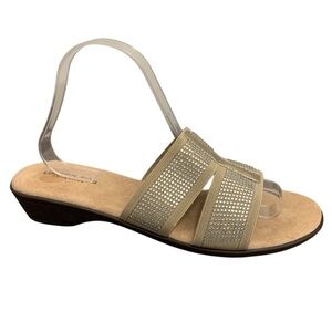 London Fog Sandals Womens 10W WIDE Silver Brown Rhinestones Bling Slip On Made